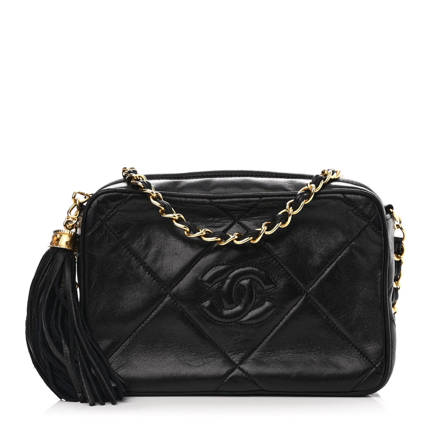 Lambskin Quilted CC Tassel Camera Case Black