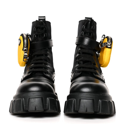 Prada Spazzolato Rois Re-Nylon Metal Triangle Logo Mens Monolith Pouch Pocket 60mm Combat Boots 7.5 Black 2 of 8