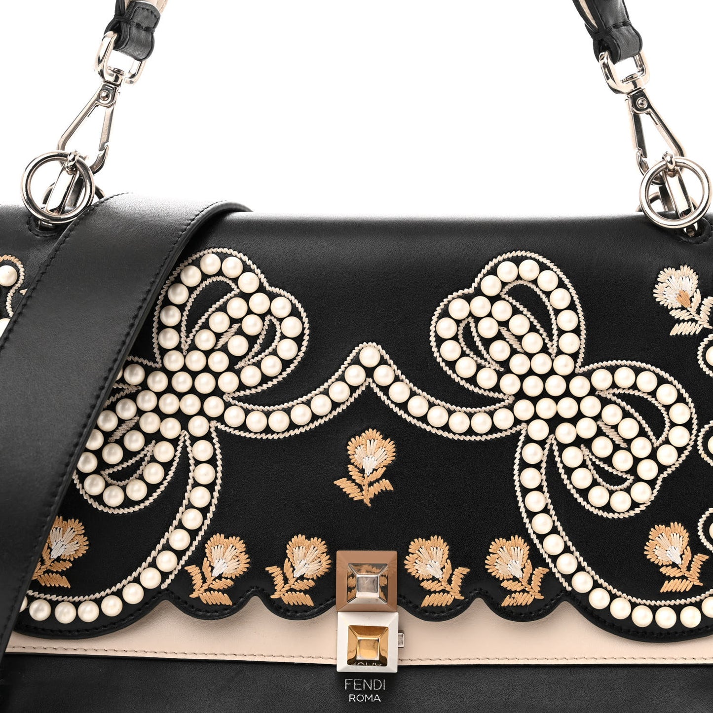 Vitello Liberty Pearl Bi-Color Flowers and Bows Scalloped Studded Kan I Shoulder Bag Black Camelia