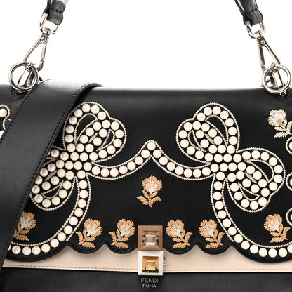 Fendi Vitello Liberty Pearl Bi-Color Flowers and Bows Scalloped Studded Kan I Shoulder Bag Black Camelia 8 of 16