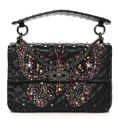 Valentino Garavani Craquele Nappa Butterfly Crystal Medium Rockstud Spike Shoulder Bag Black 1 of 8