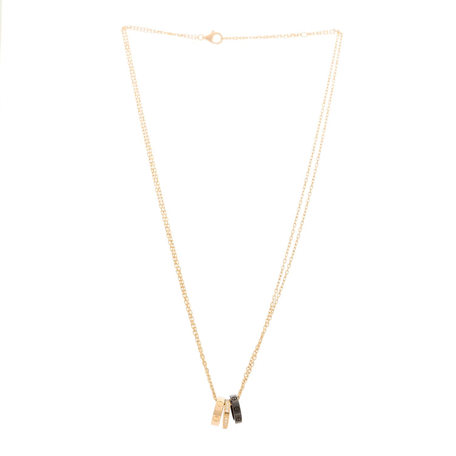 Cartier 18K Pink Gold Ceramic Diamond Three Ring LOVE Pendant Necklace 3 of 5