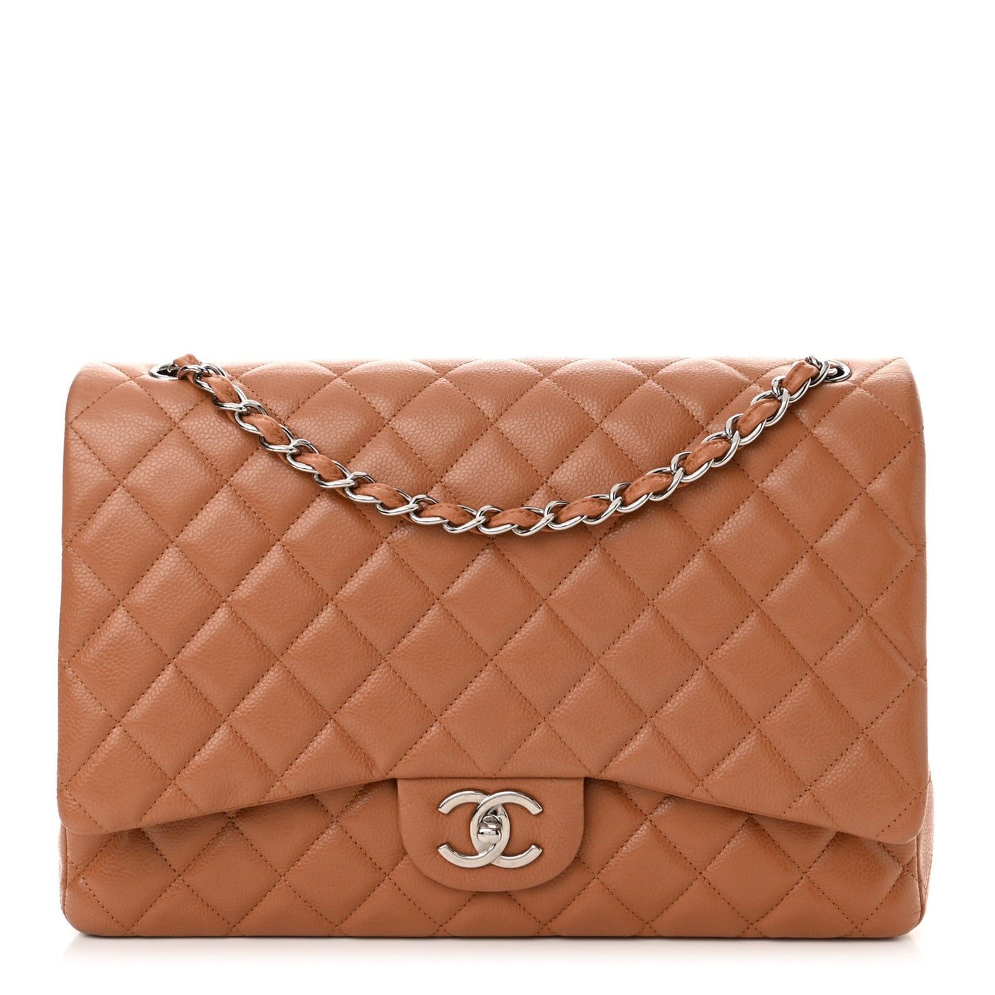 Caviar Quilted Maxi Double Flap Light Brown