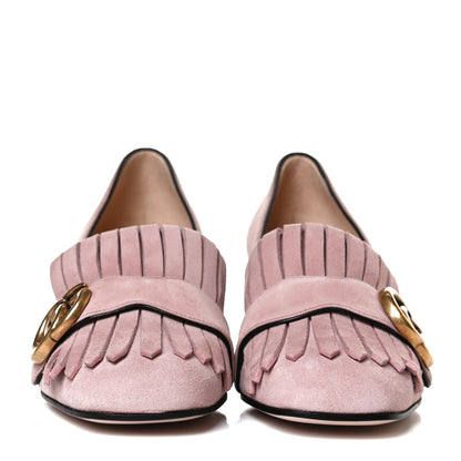 Gucci Kid Scamosciato GG Marmont Fringe 50mm Loafer Pumps 35 Crystal Pink 2 of 14
