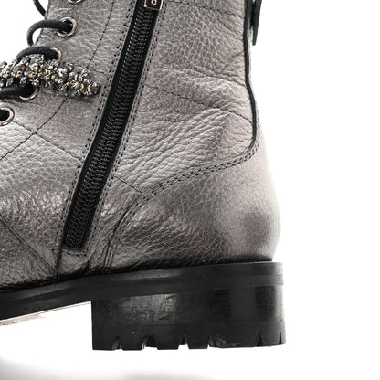 Jimmy Choo Metallic Grained Goatskin Pearl Crystal Embellished Cruz Combat Boots 37 Grey 10 of 11
