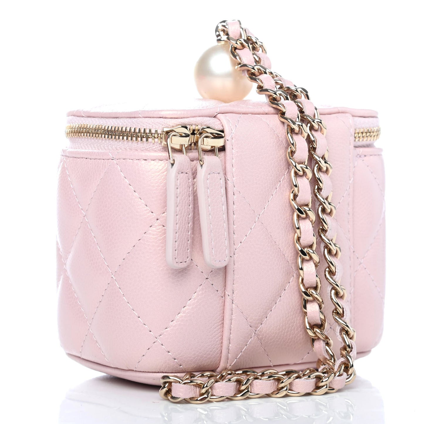 Iridescent Caviar Quilted Mini Pearl On Top Vanity Case With Chain Light Pink