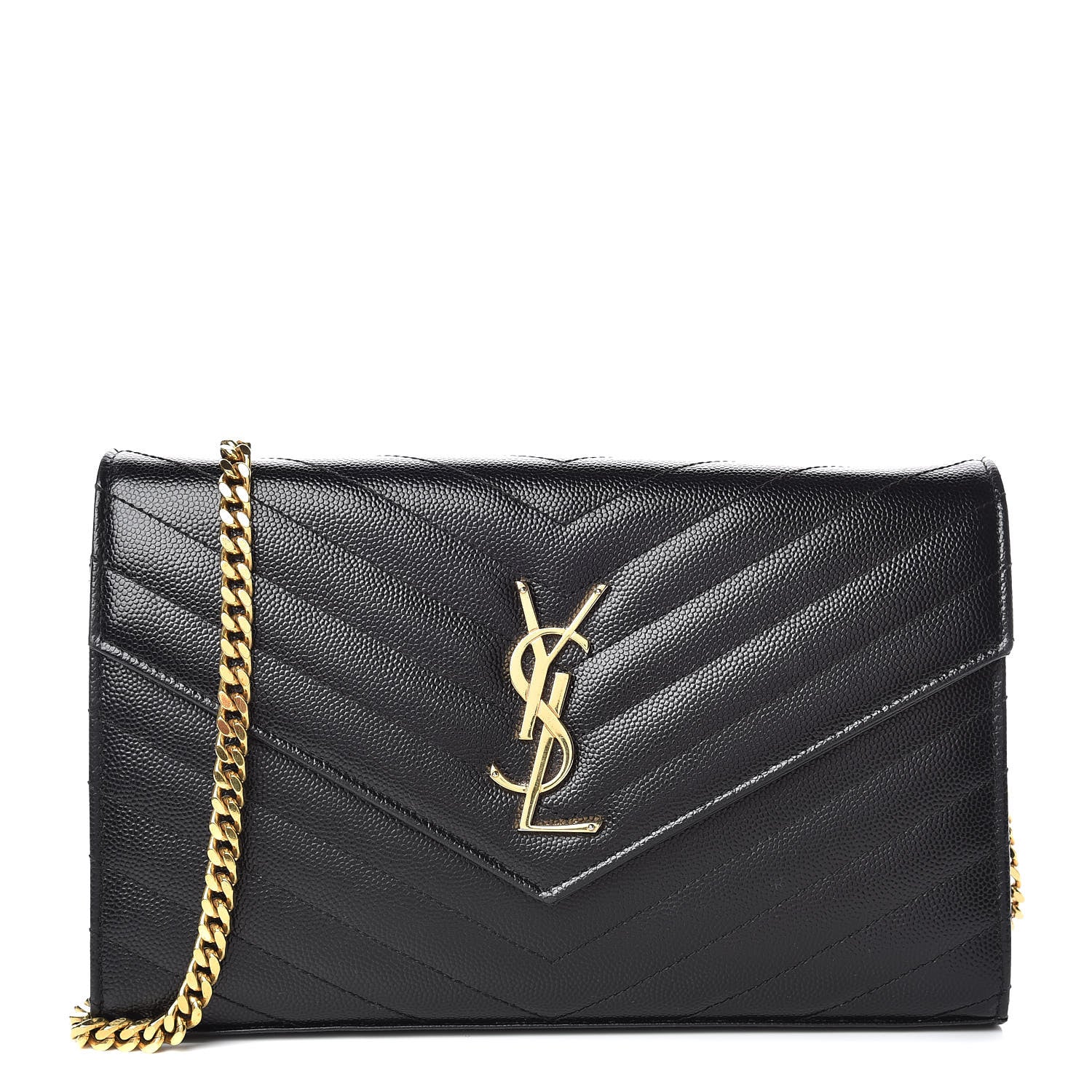 Saint Laurent Grain De Poudre Matelasse Chevron Monogram Chain Wallet Black 1 of 8