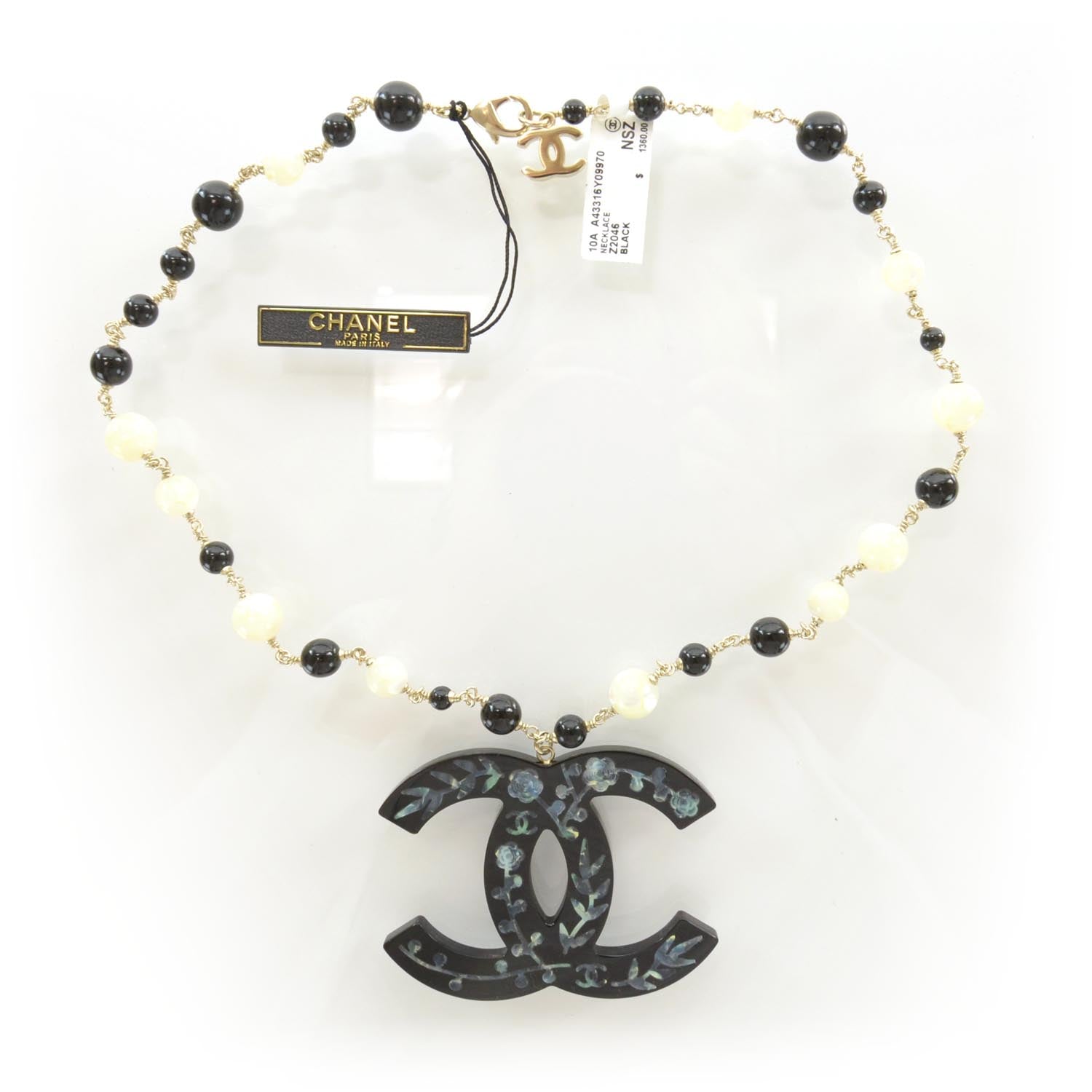 Chanel Beaded Mother of Pearl Oversized CC Necklace 1 of 6