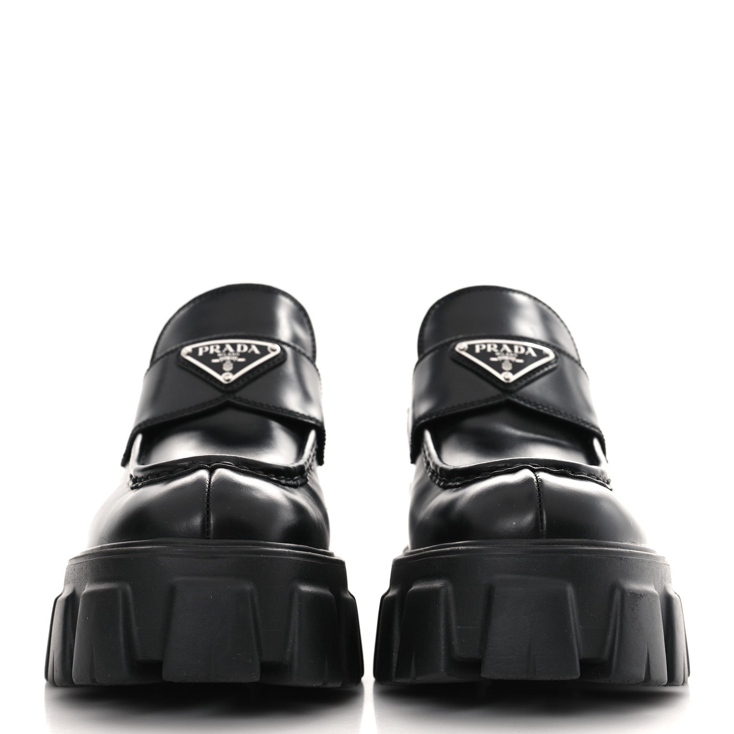 Prada Spazzolato Rois Metal Triangle Logo Monolith 55mm Loafers 37.5 Black 2 of 8