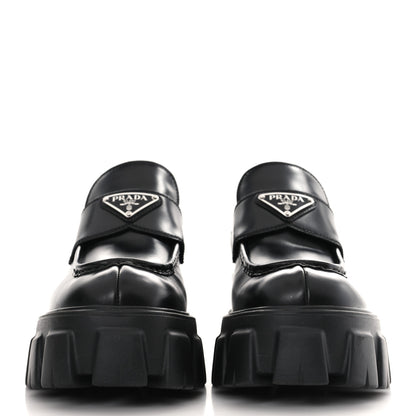 Prada Spazzolato Rois Metal Triangle Logo Monolith 55mm Loafers 37.5 Black 2 of 8