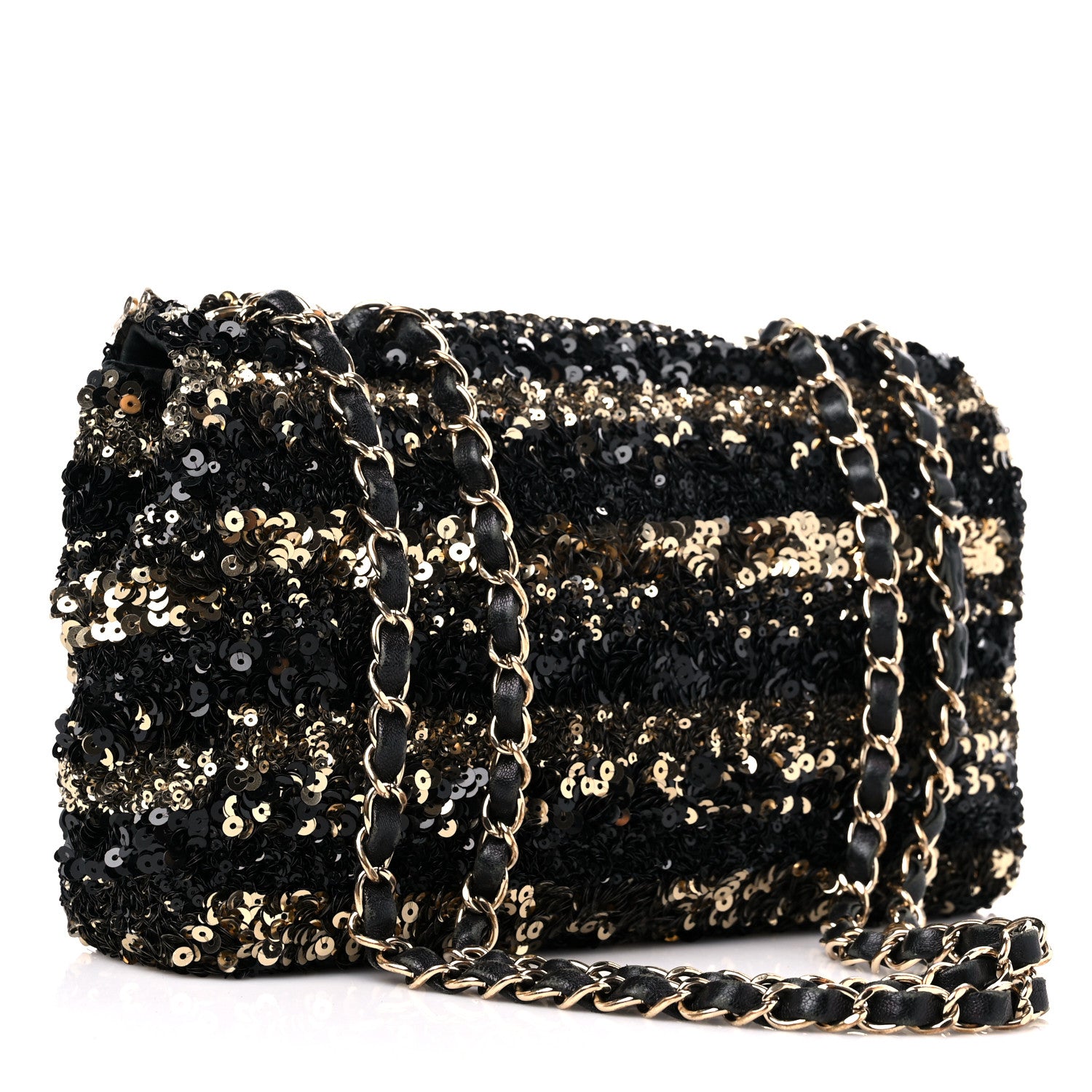Chanel Sequin Striped Medium Flap Black Gold 3 of 10