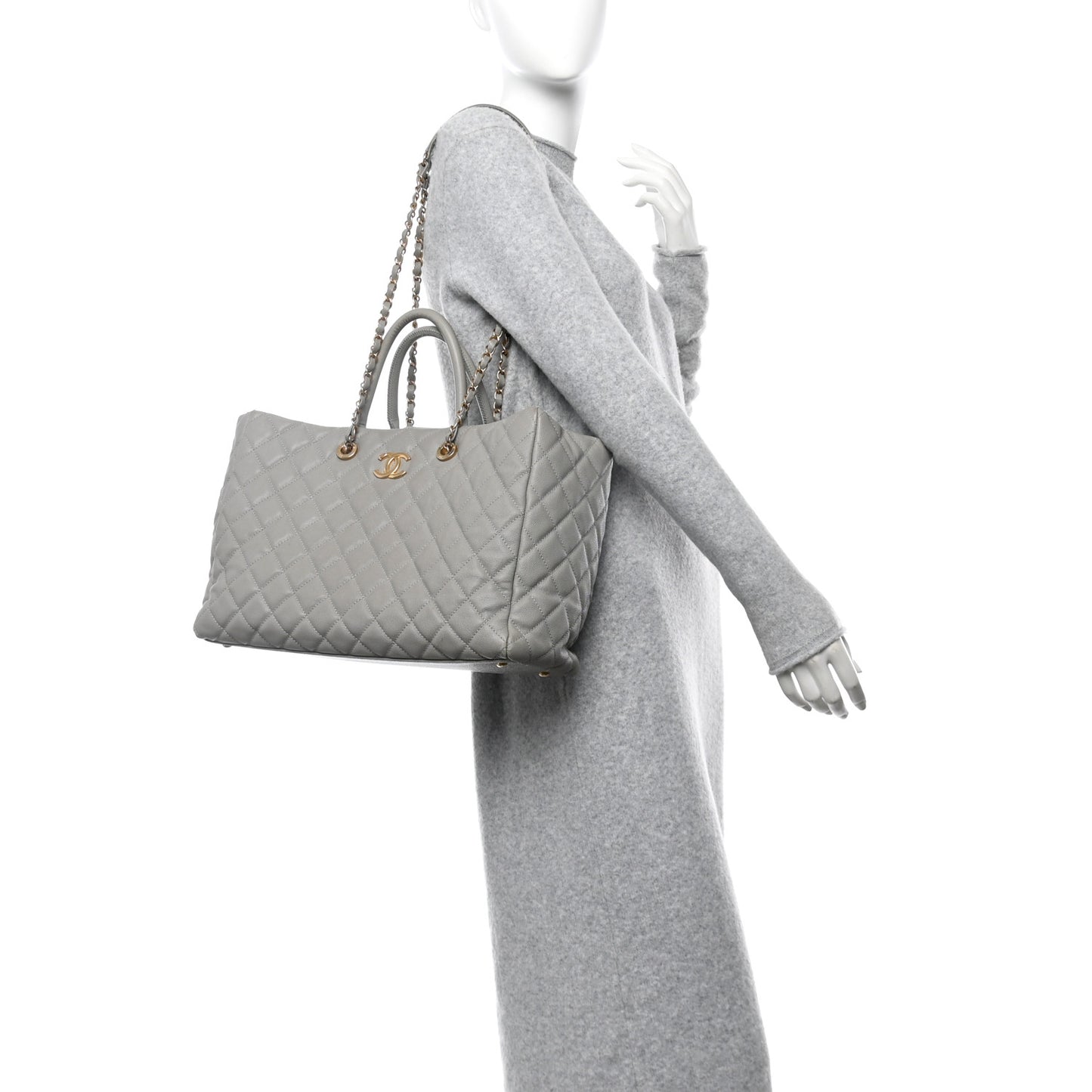 Caviar Quilted Large Coco Handle Shopping Tote Grey