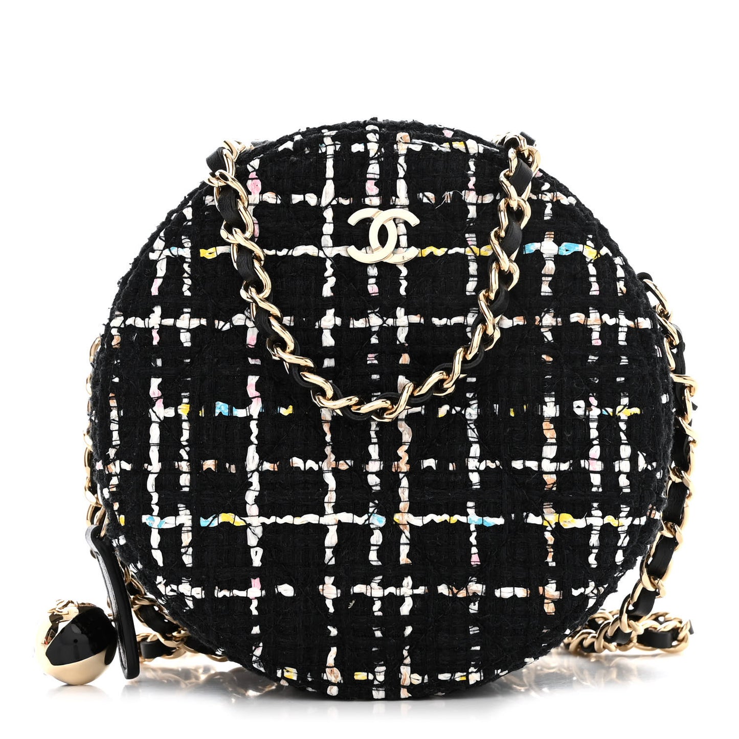 Tweed Round Clutch With Chain Black White Multicolor