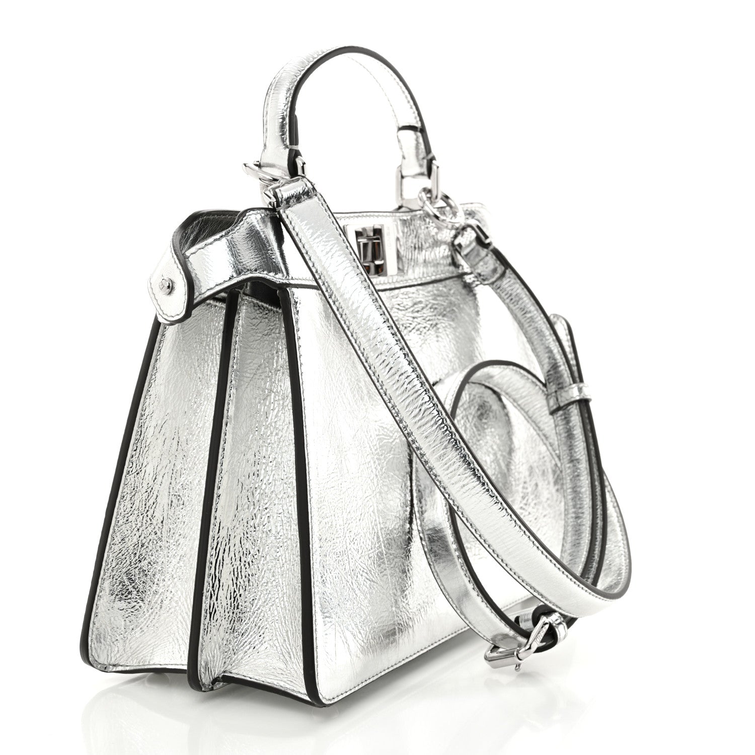 Fendi Rock Millenium Laminata Small Peekaboo I SEE U Satchel Argento 3 of 12