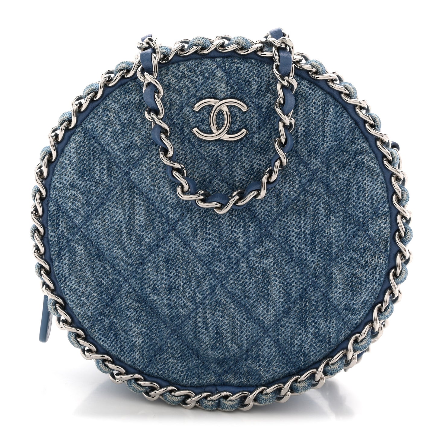 Denim Quilted Round Clutch With Chain Blue