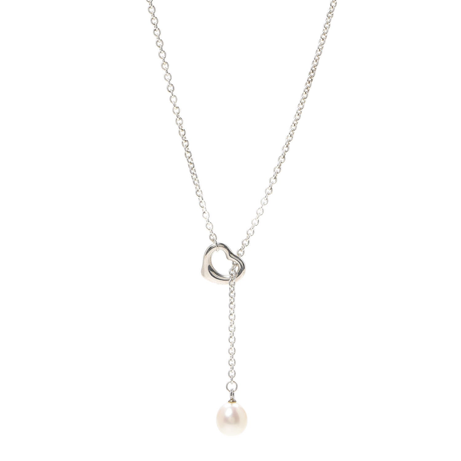 Tiffany Sterling Silver Pearl 9-9.5mm Elsa Peretti Open Heart Lariat Necklace 1 of 5