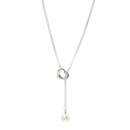 Tiffany Sterling Silver Pearl 9-9.5mm Elsa Peretti Open Heart Lariat Necklace 1 of 5