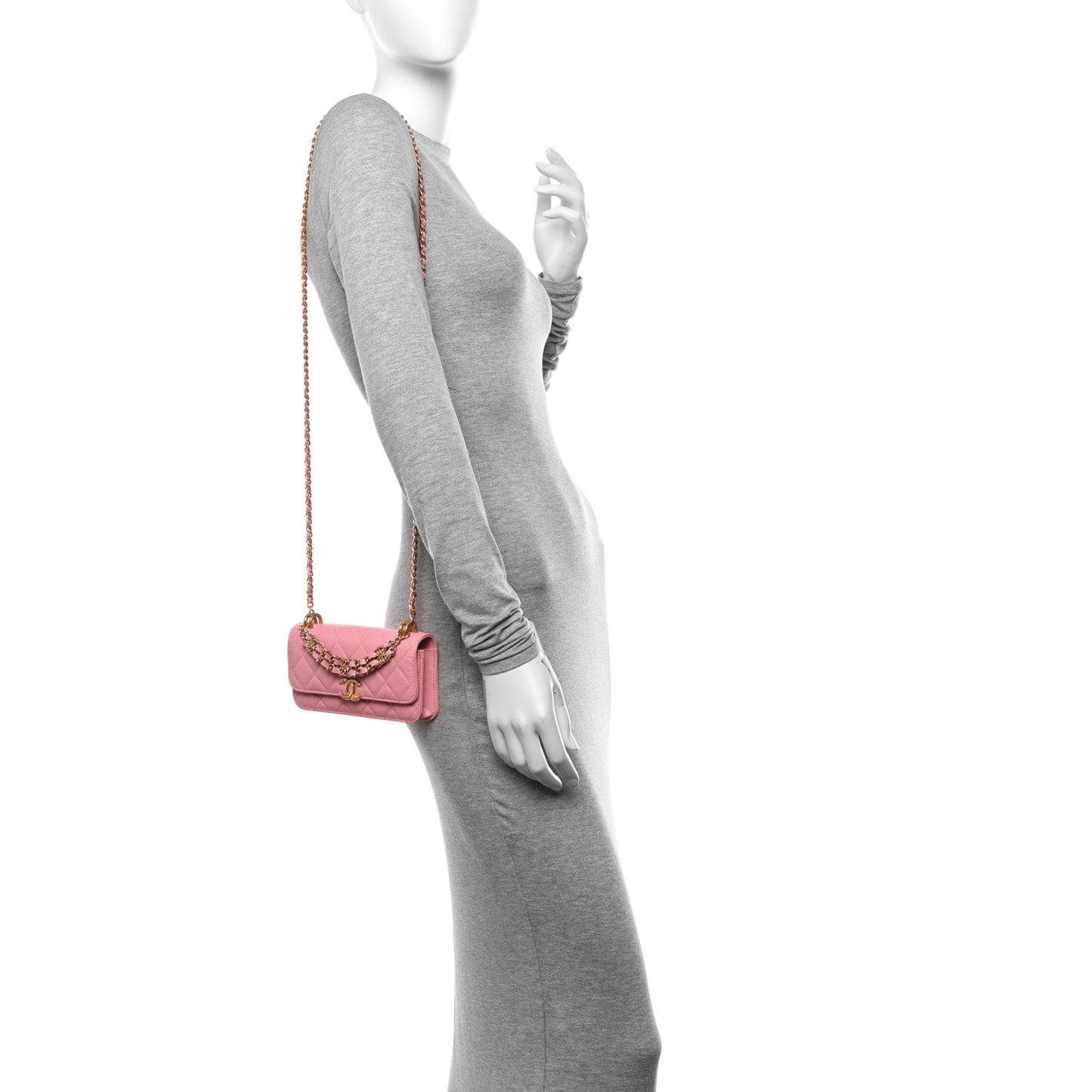 Caviar Quilted Flap Phone Holder With Chain Light Pink