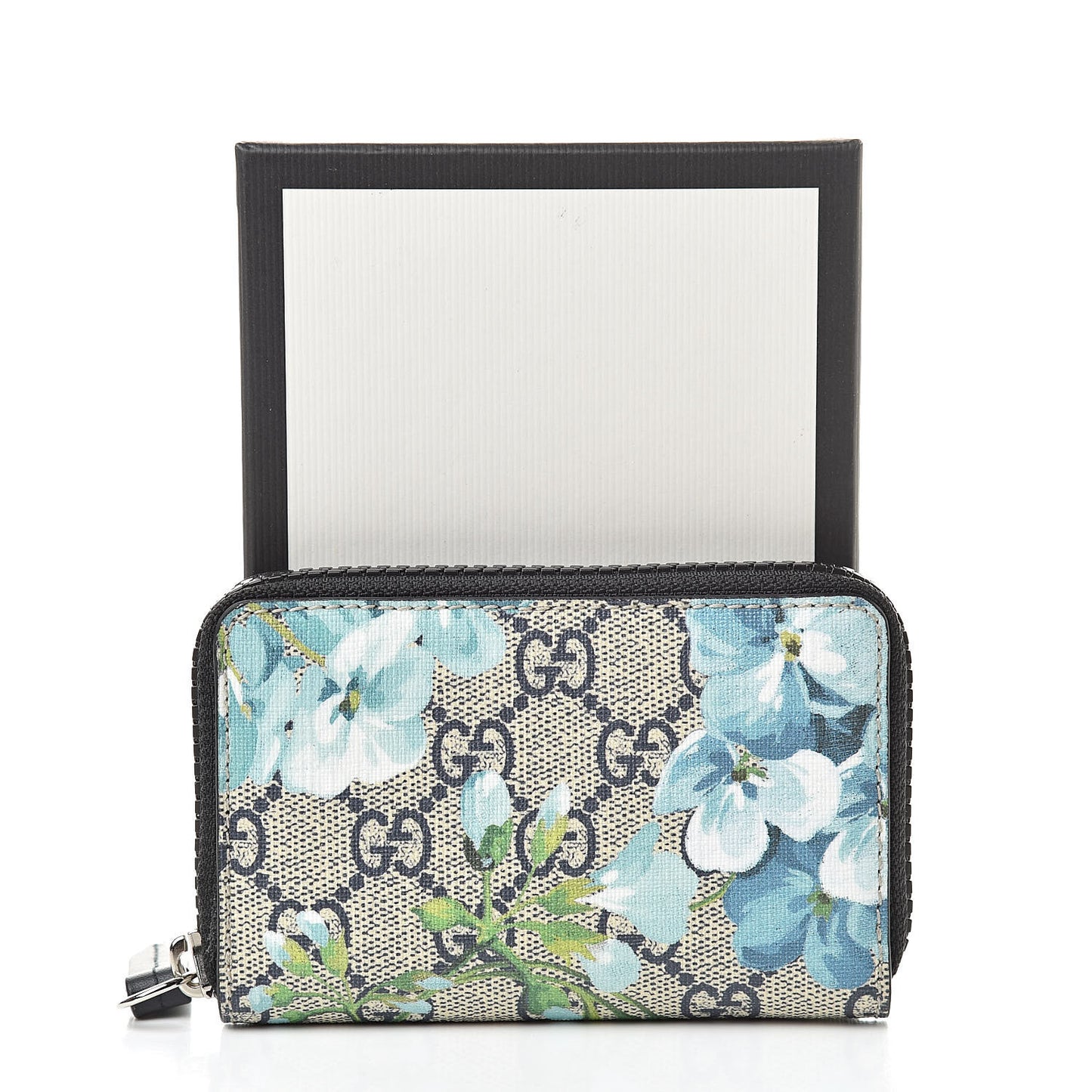 GG Supreme Monogram Blooms Zip Around Card Case Wallet Beige Blue Navy