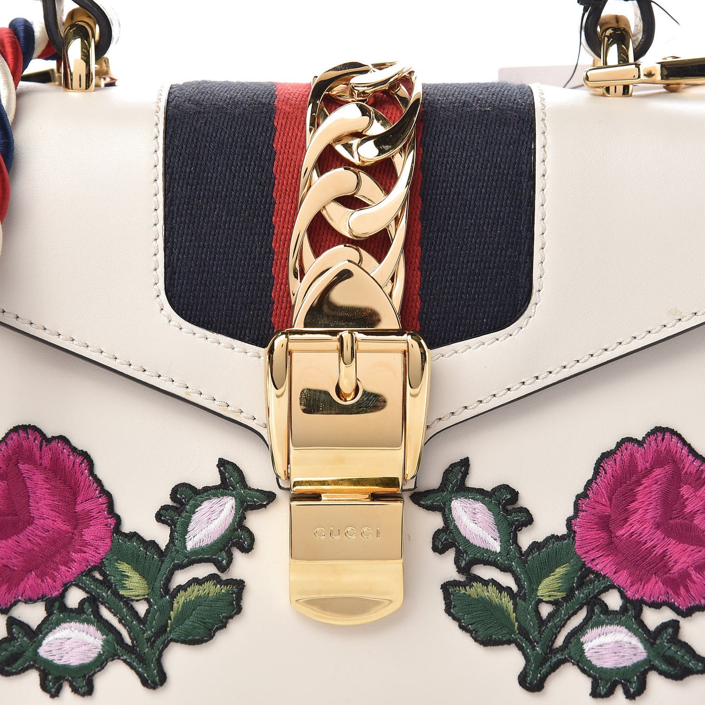 Calfskin Embroidered Mini Sylvie Top Handle Bag White