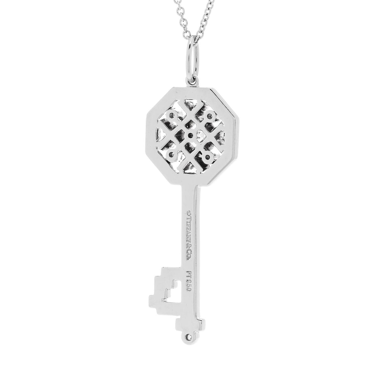 Platinum Diamond Octagon Key Charm Pendant Necklace