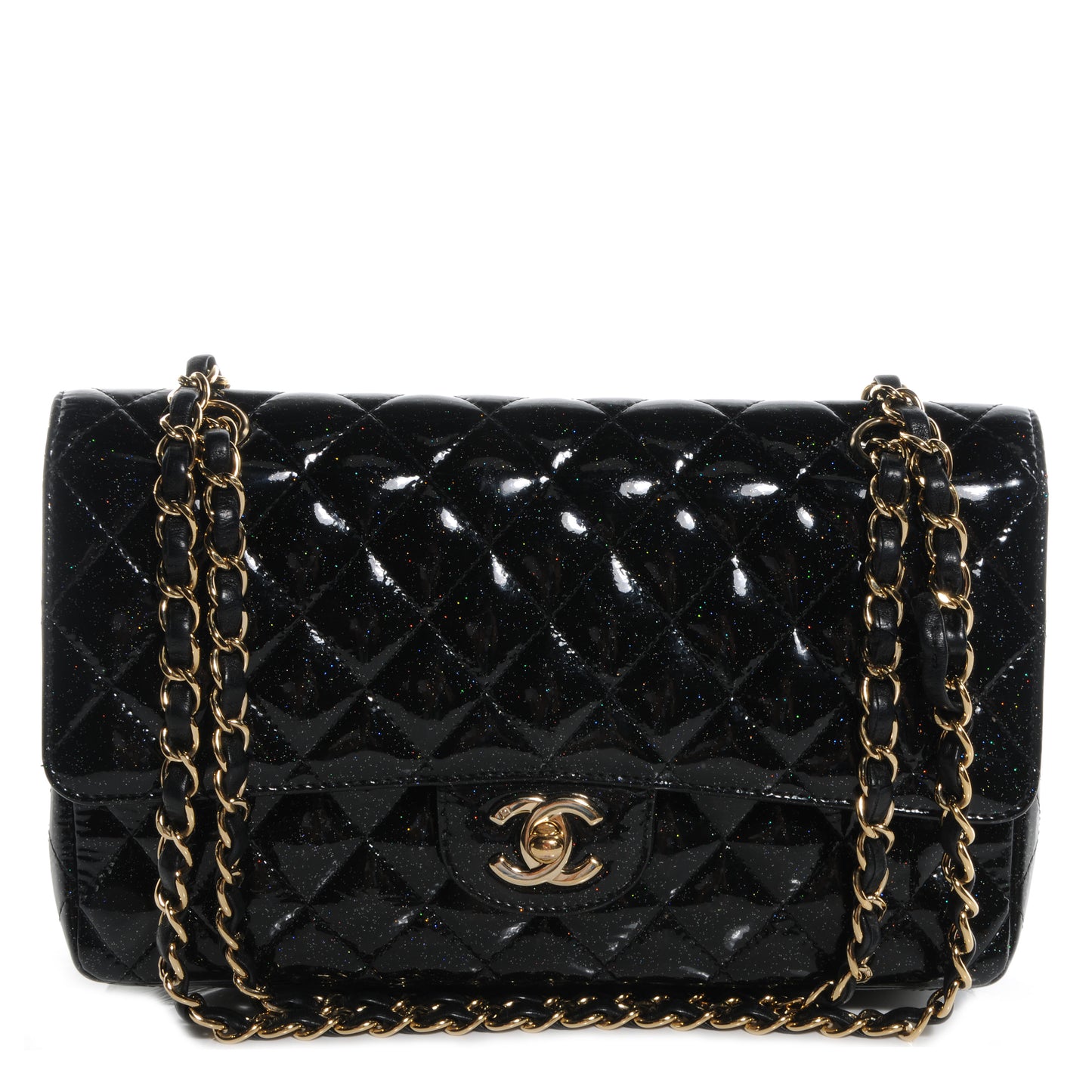 Glitter Patent Quilted Evening Star Medium Double Flap Black