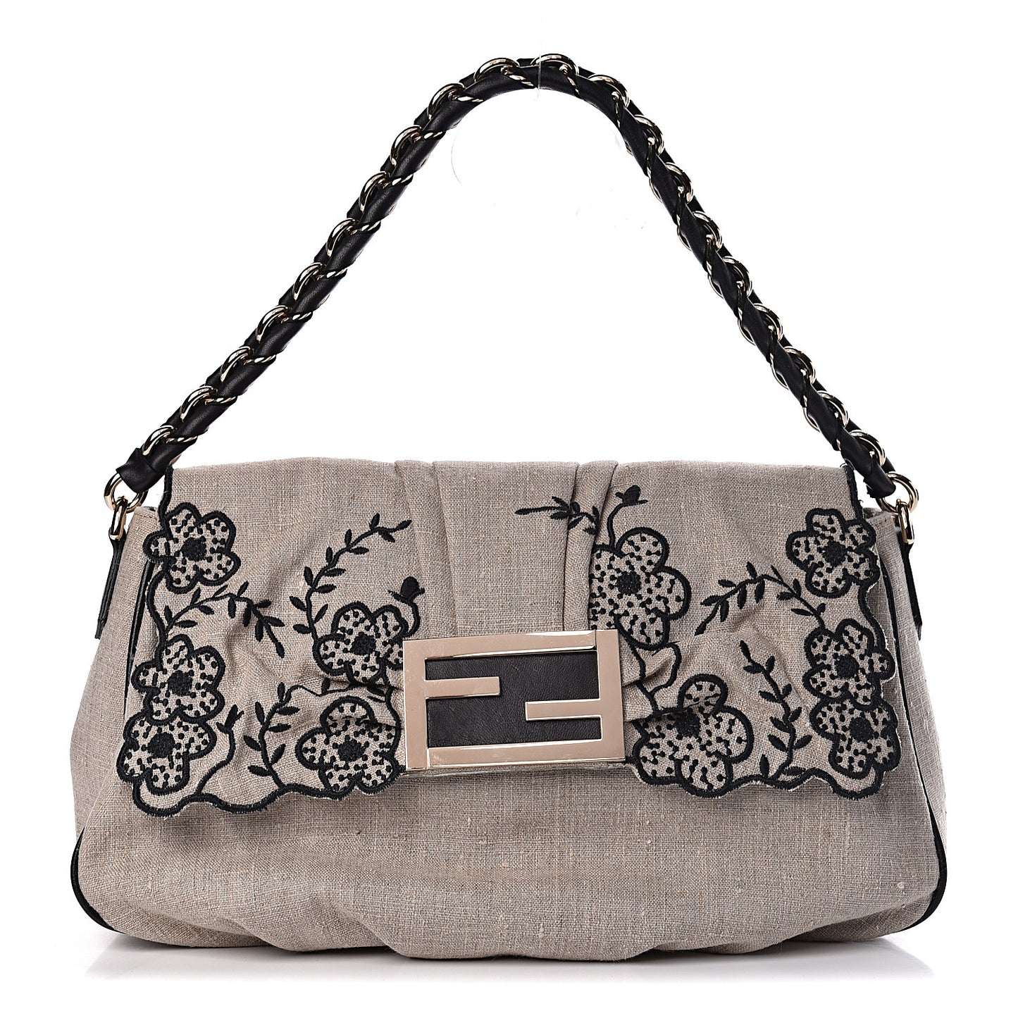 Linen Embroidered Mia Shoulder Flap Beige Black