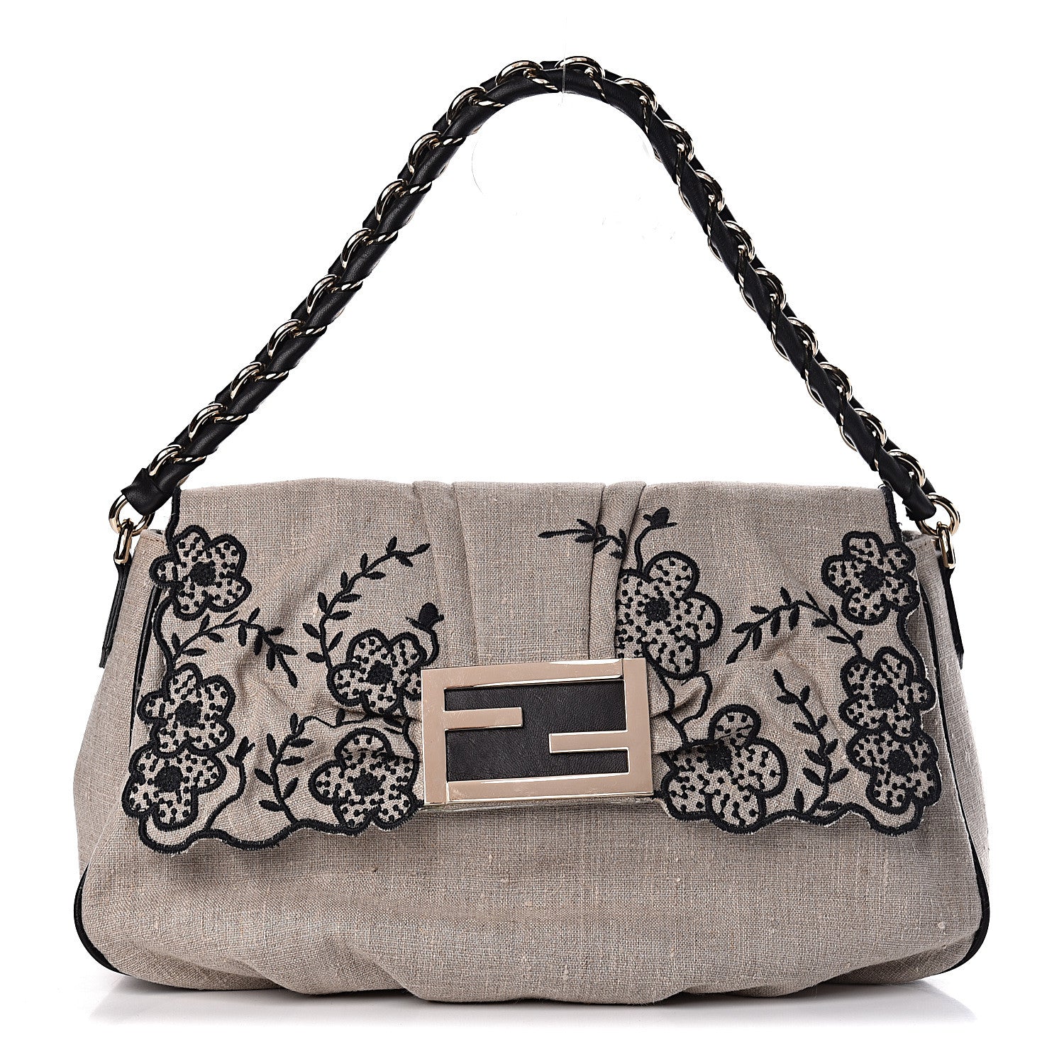 Fendi Linen Embroidered Mia Shoulder Flap Beige Black 1 of 15