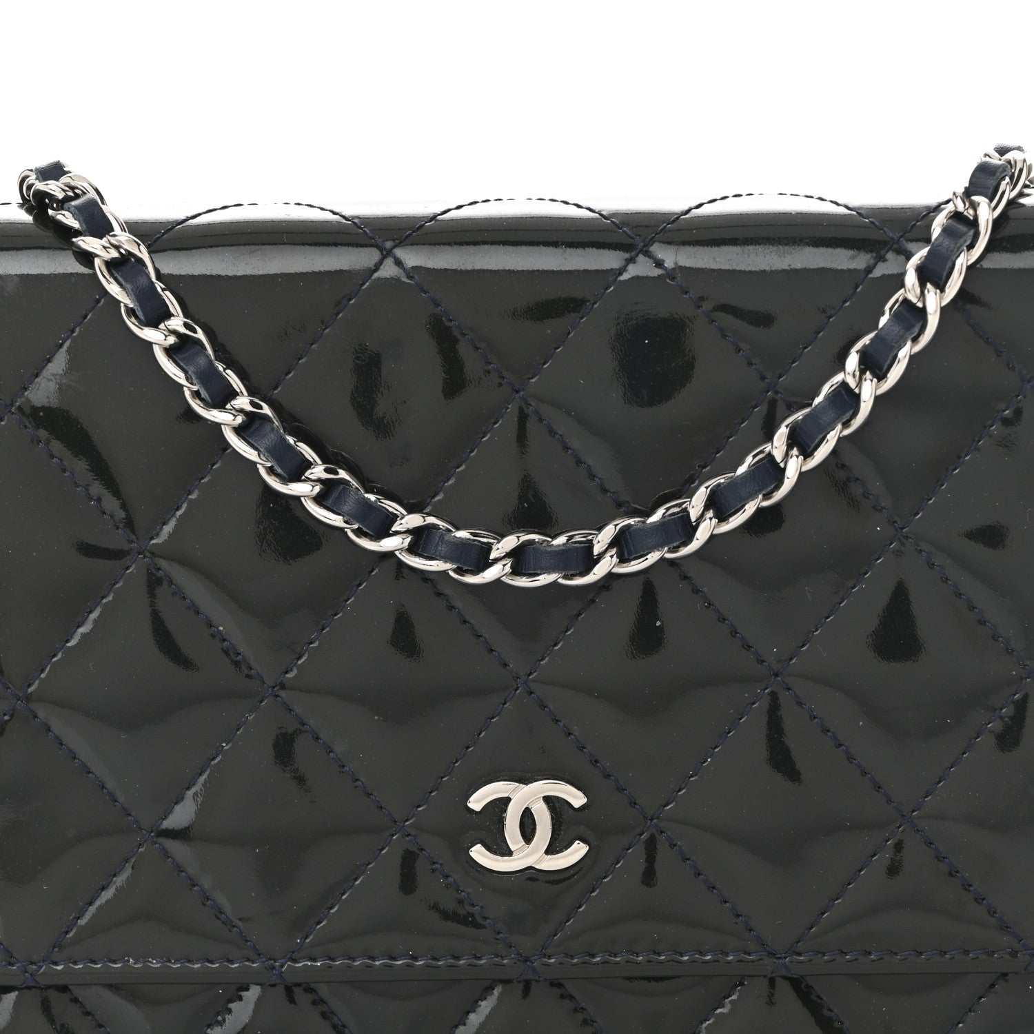 Chanel Patent Quilted Wallet On Chain WOC Navy Blue 17 of 21