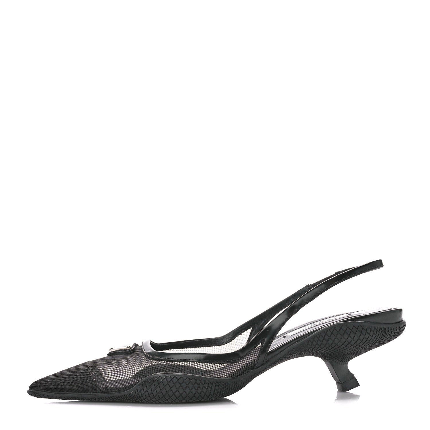 Prada Mesh Nappa Triangle Logo Pointed Toe 45mm Slingback Pumps 36 Black 1 of 9