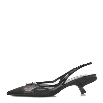 Prada Mesh Nappa Triangle Logo Pointed Toe 45mm Slingback Pumps 36 Black 1 of 9