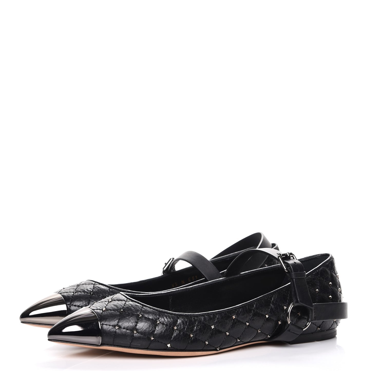 Crackled Lambskin Rockstud Spike Captoe Ballerina Flats 40 Black