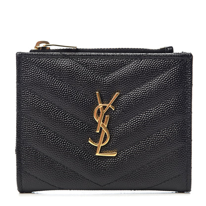 Saint Laurent Grain De Poudre Matelasse Chevron Monogram Zipped Card Case Black 1 of 8