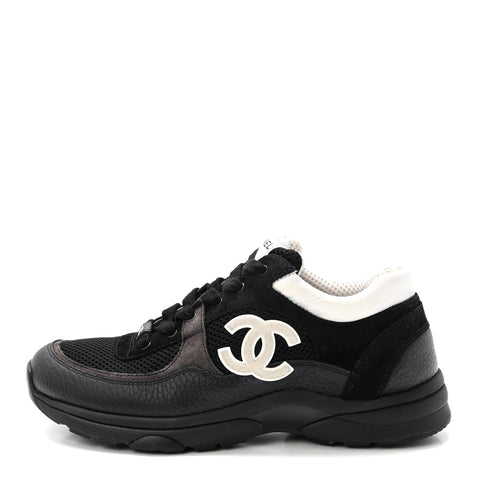 Mesh Suede Grained Calfskin Womens CC Sneakers 40 Black White