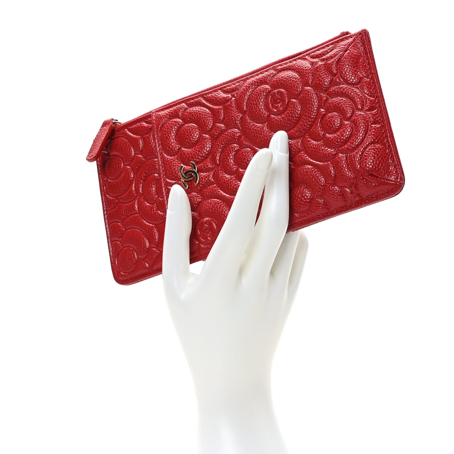 Caviar Camellia Embossed Classic Flat Wallet Pouch Red
