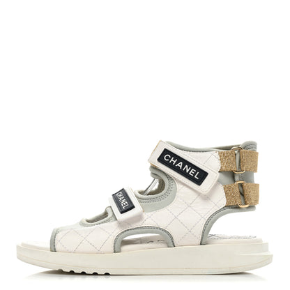 Chanel Goatskin Fabric Gladiator Sandals 36.5 White Light Grey Navy Blue 1 of 14