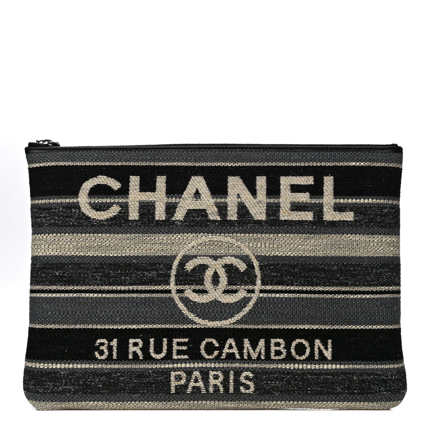 Chanel Striped Canvas Medium Deauville Cosmetic Pouch Grey Black 1 of 12