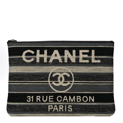 Chanel Striped Canvas Medium Deauville Cosmetic Pouch Grey Black 1 of 12