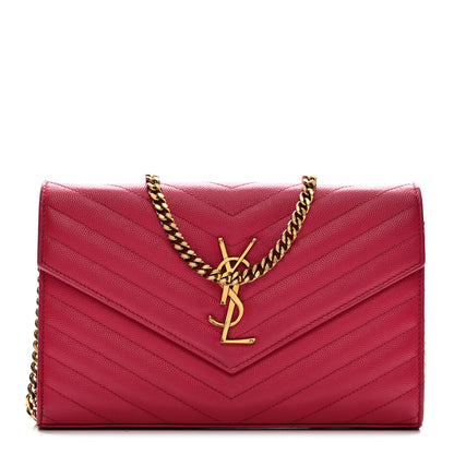 Saint Laurent Grain De Poudre Matelasse Chevron Monogram Chain Wallet Lipstick Fuchsia 1 of 15