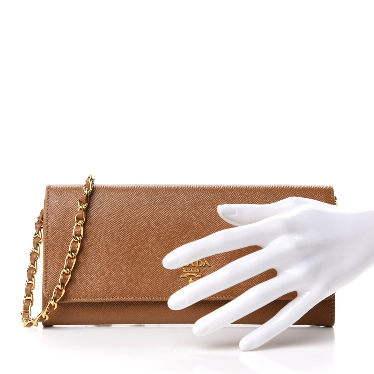Saffiano Metal Oro Chain Wallet Caramel