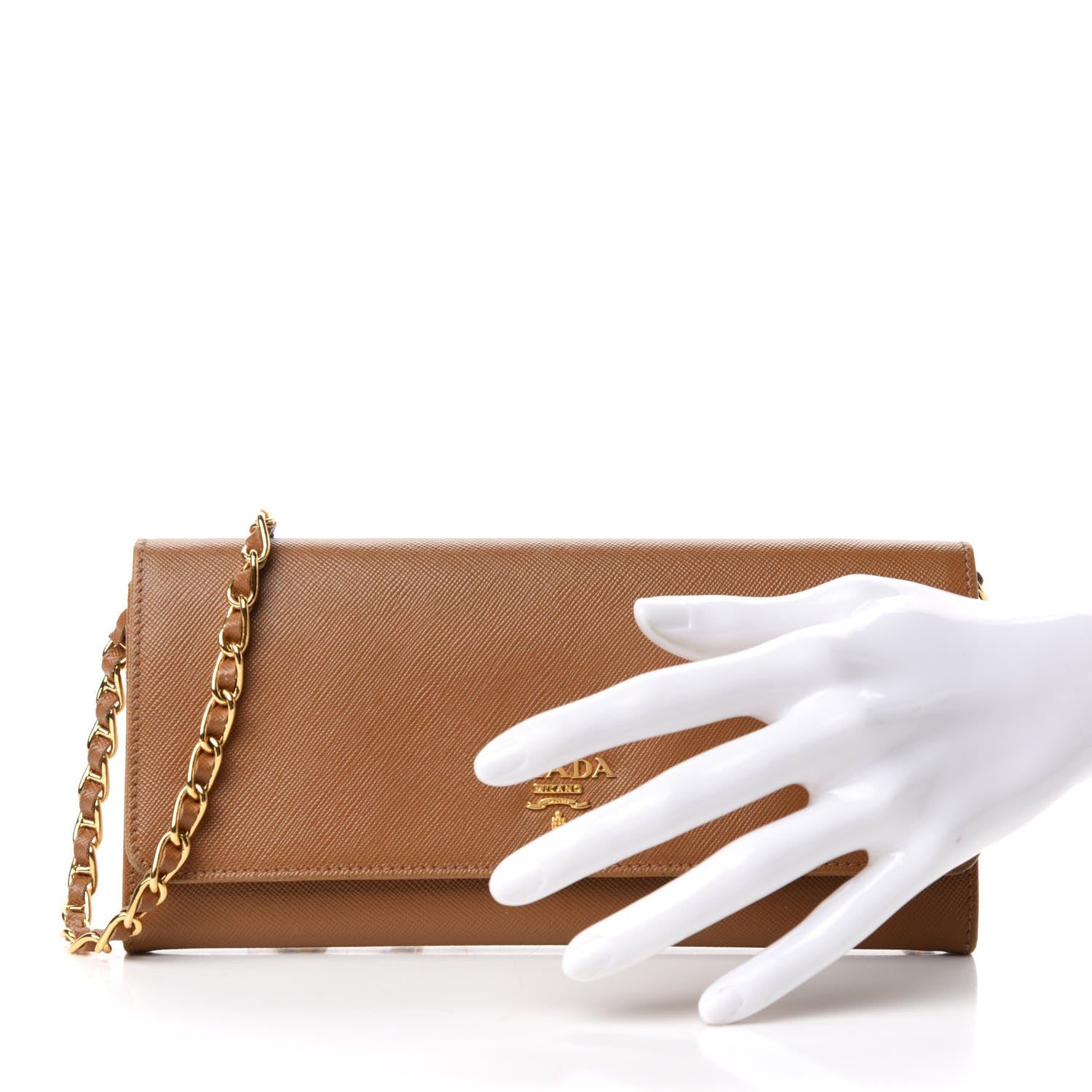Prada Saffiano Metal Oro Chain Wallet Caramel 2 of 8