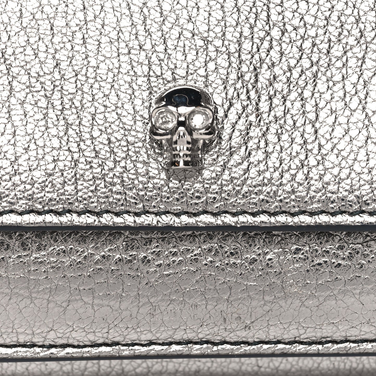 Metallic Calfskin Skull Short Flap Wallet Silver