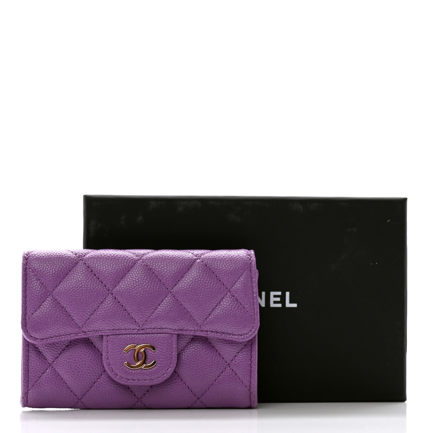 Caviar Quilted Flap Card Holder Wallet Purple