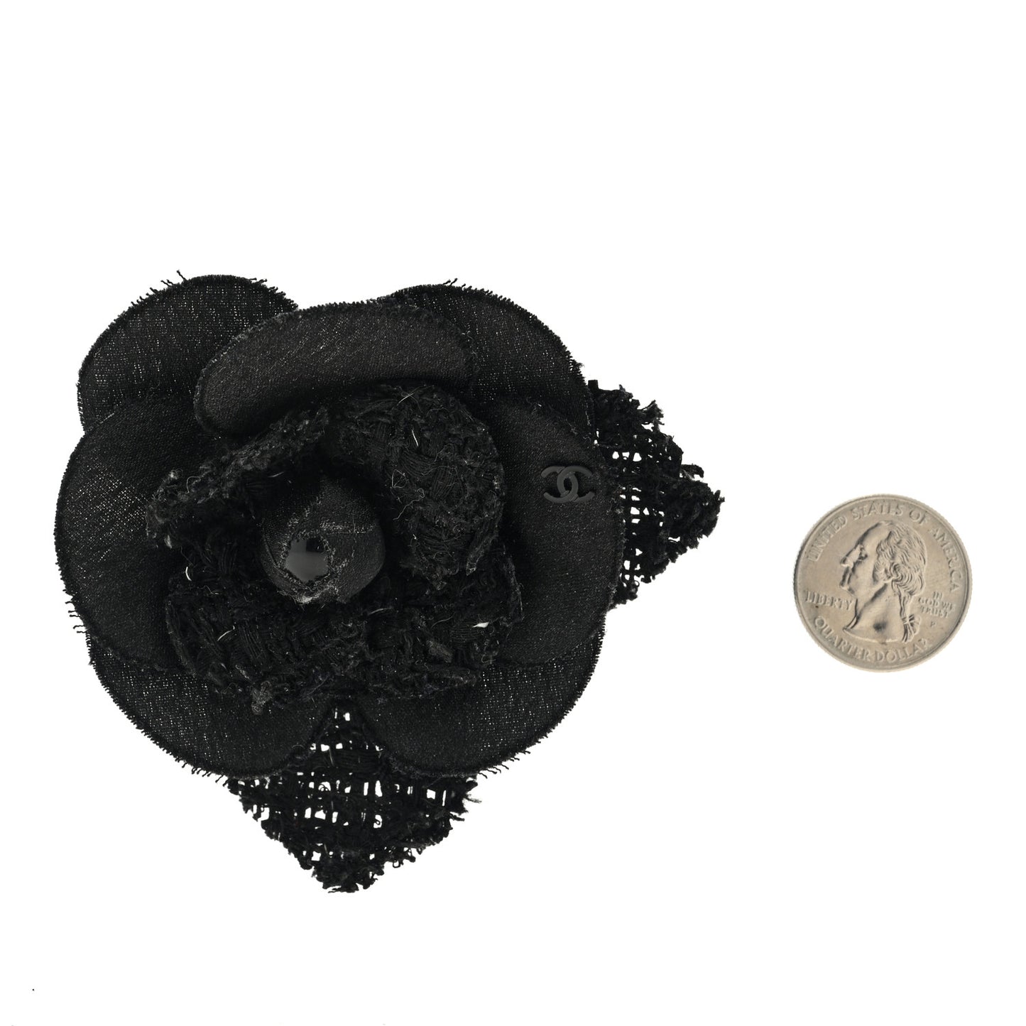 Tweed Fabric Camellia Pin Brooch Black