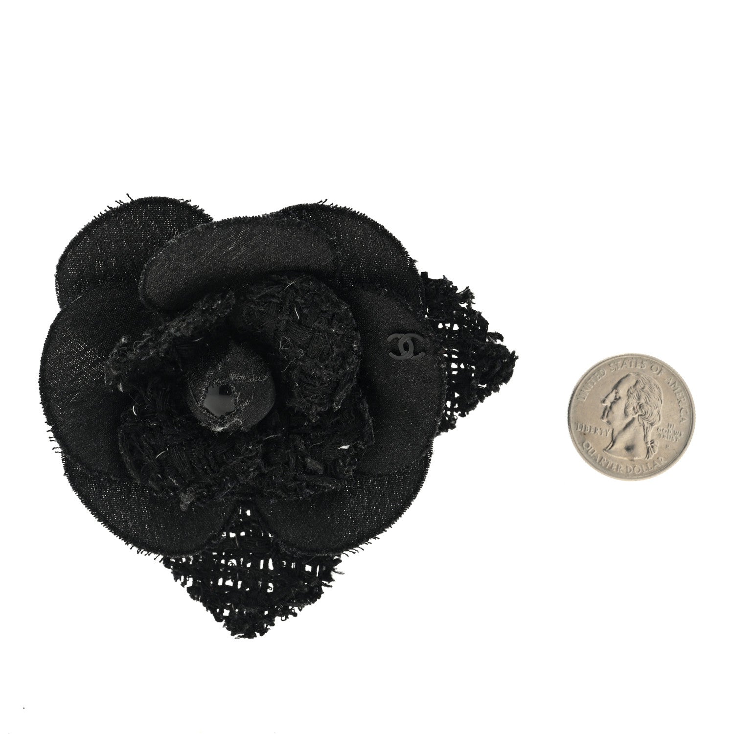 Chanel Tweed Fabric Camellia Pin Brooch Black 2 of 3