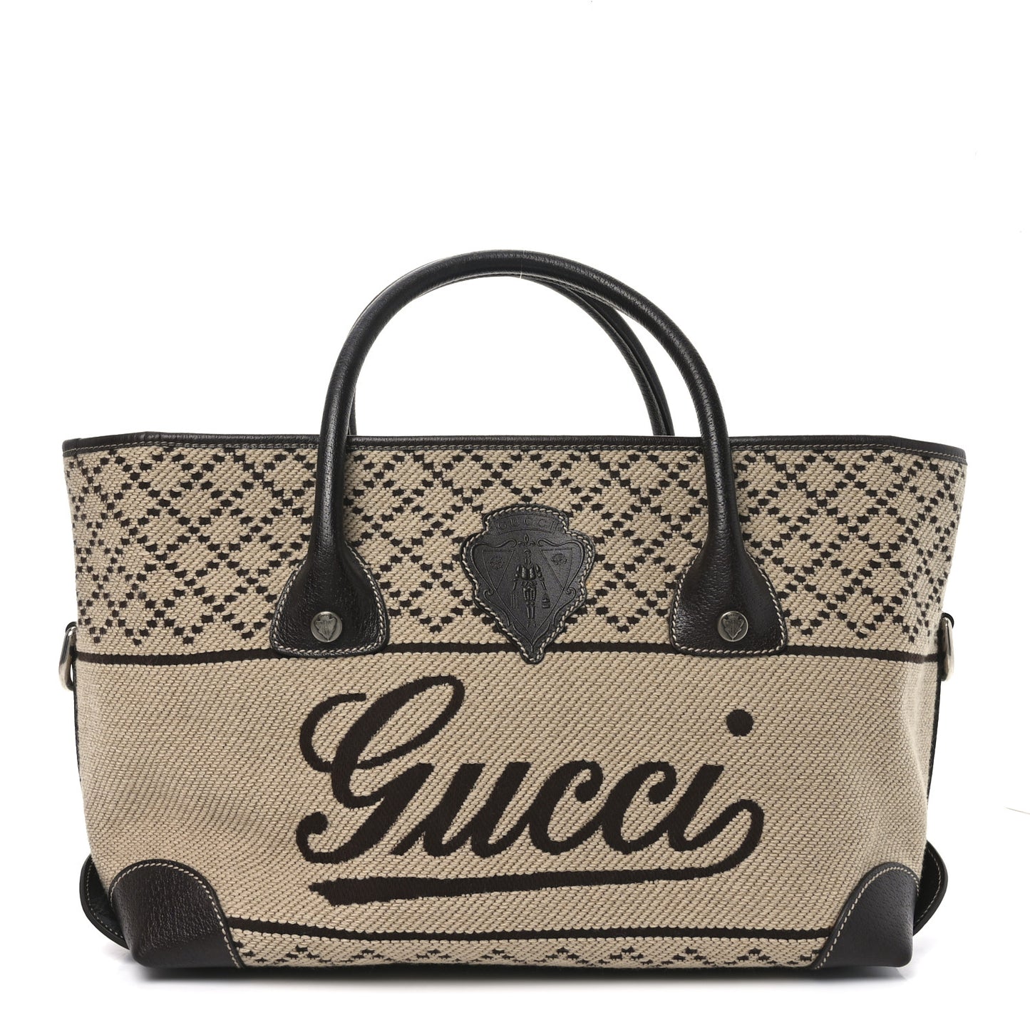 Wool Crest Embossed Tote Beige Dark Brown