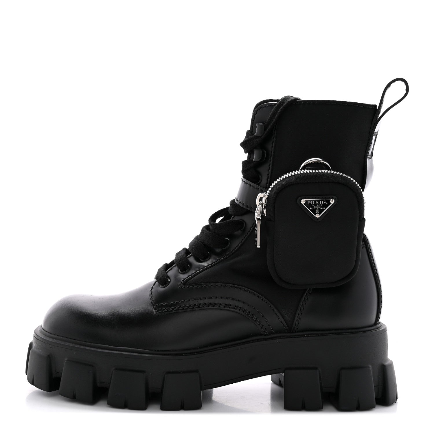 Prada Spazzolato Rois Re-Nylon Metal Triangle Logo Mens Monolith Pouch Pocket 60mm Combat Boots 7 Black 1 of 15