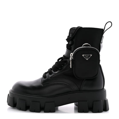 Prada Spazzolato Rois Re-Nylon Metal Triangle Logo Mens Monolith Pouch Pocket 60mm Combat Boots 7 Black 1 of 15