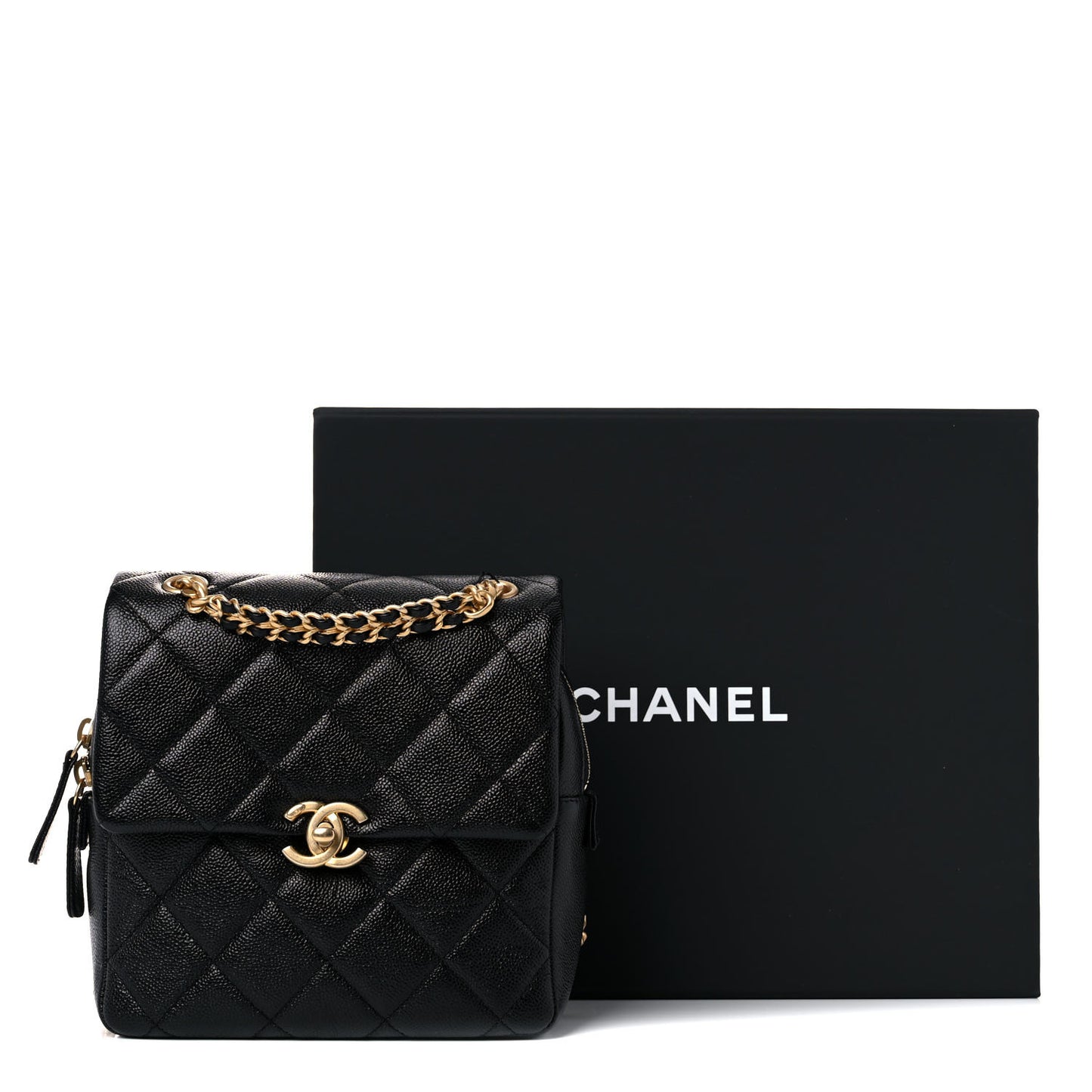 Shiny Caviar Quilted Chain Melody Backpack Black