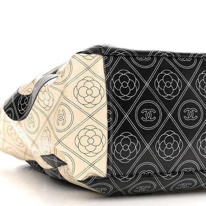Chanel Coated Canvas Camellia Large Shopping Tote Black Beige 9 of 10